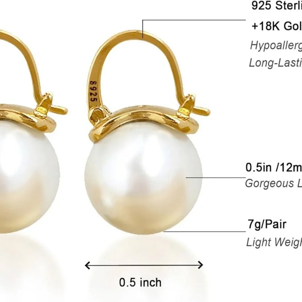 Elegant 925 Sterling Silver Pearl Drop Earrings Dangle Stud Gold Plated Earrings - Picture 6 of 7